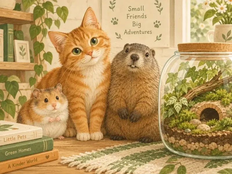 萌宠剧场栏目标识插画：仓鼠、橘猫与土拨鼠并排坐在玻璃窝旁