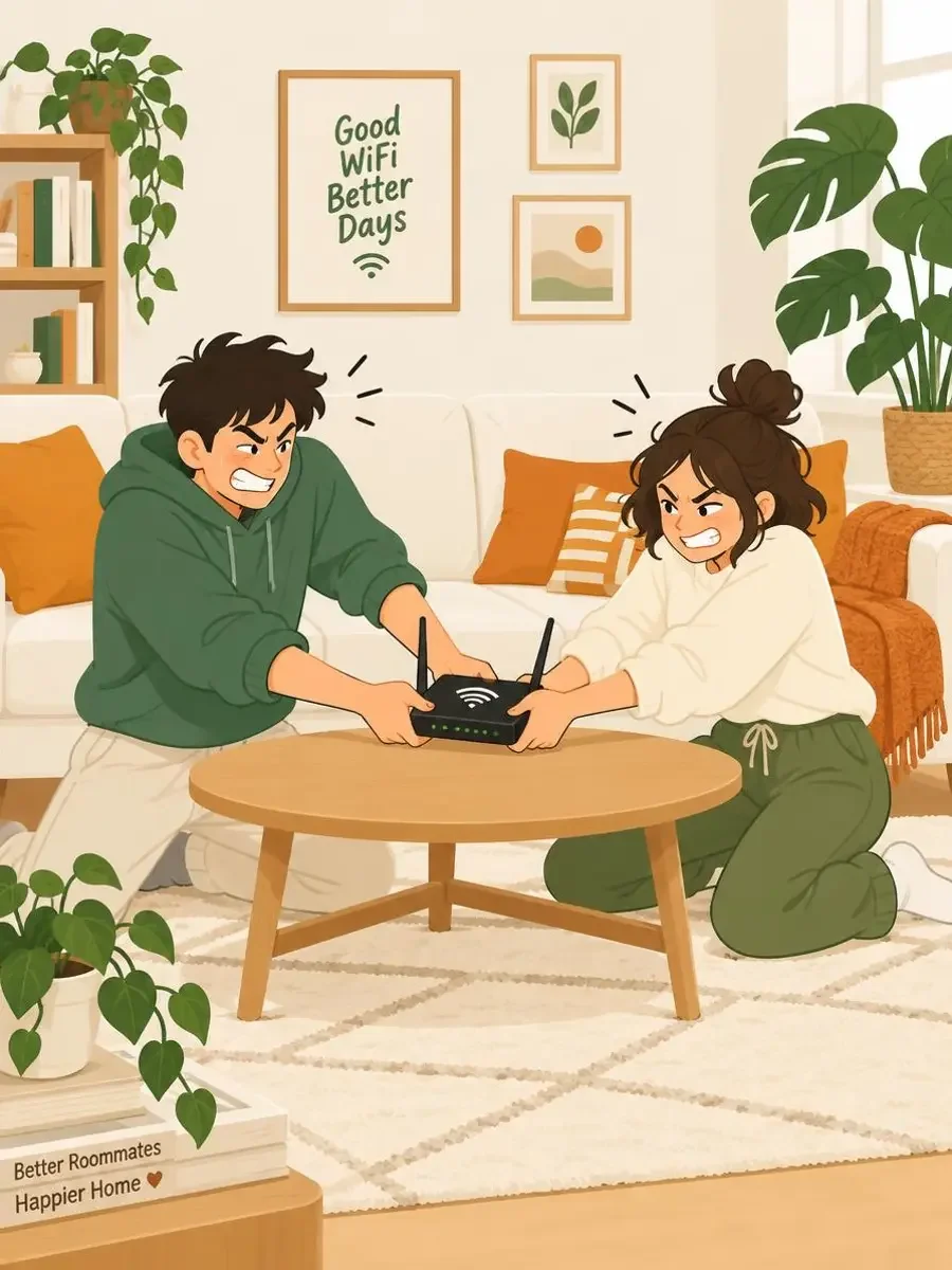 《随身WiFi的两个人》原创短剧封面插画，合租日常题材