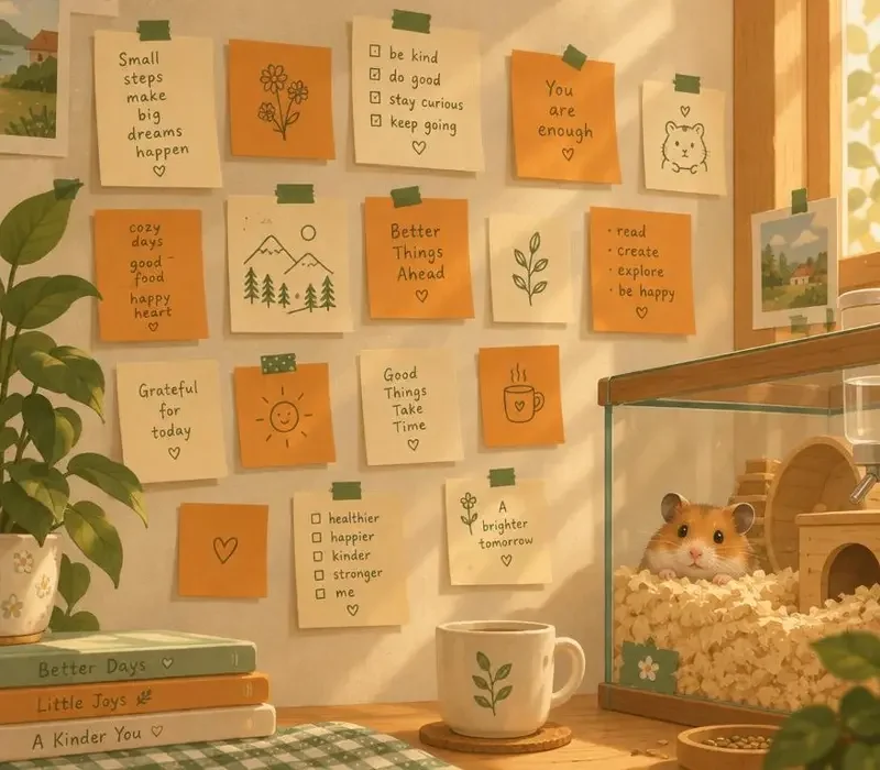 轻喜上新栏目插画：贴满便利贴的创作墙与偷看的仓鼠